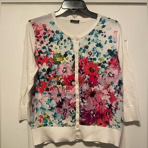 Ann Taylor white and pink floral cardigan with 3/4 sleeves